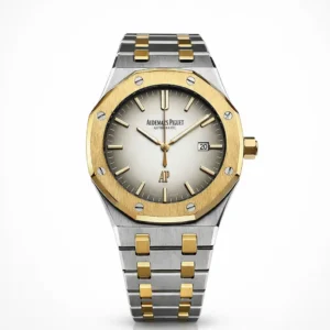 Audemars Piguet Royal Oak Two-Tone Luxury Watch with Silver Sunburst Dial and Integrated Bracelet - Available at H-A Store.