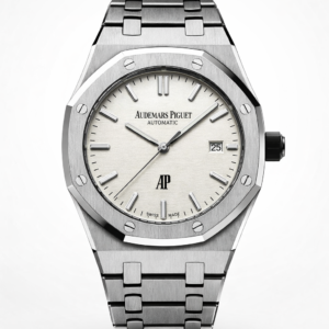 Audemars Piguet Royal Oak All-Steel luxury watch with a textured silver dial and integrated stainless steel bracelet - H-A Store Collection.