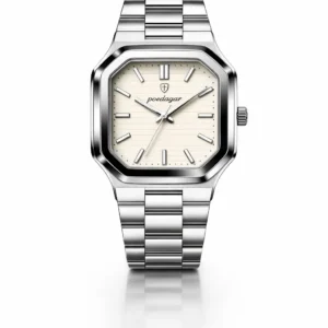 Poedagar luxury stainless steel watch with octagonal bezel, cream textured dial, and silver link bracelet - H-A Store Collection.