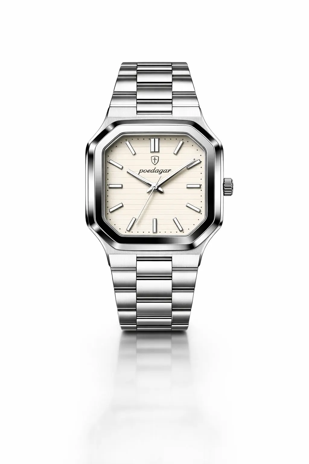 Poedagar luxury stainless steel watch with octagonal bezel, cream textured dial, and silver link bracelet - H-A Store Collection.