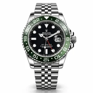 Rolex GMT-Master II Sprite edition luxury watch with a vibrant green and black ceramic bezel and stainless steel Jubilee bracelet - H-A Store Premium Collection.