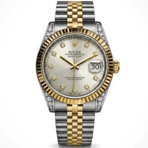 Rolex Datejust luxury watch, silver sunray dial with diamond index markers, fluted 18k yellow gold bezel, diamond-set lugs, two-tone stainless steel and gold Jubilee bracelet, cyclops date magnifier, high-end unisex timepiece - H-A Store.