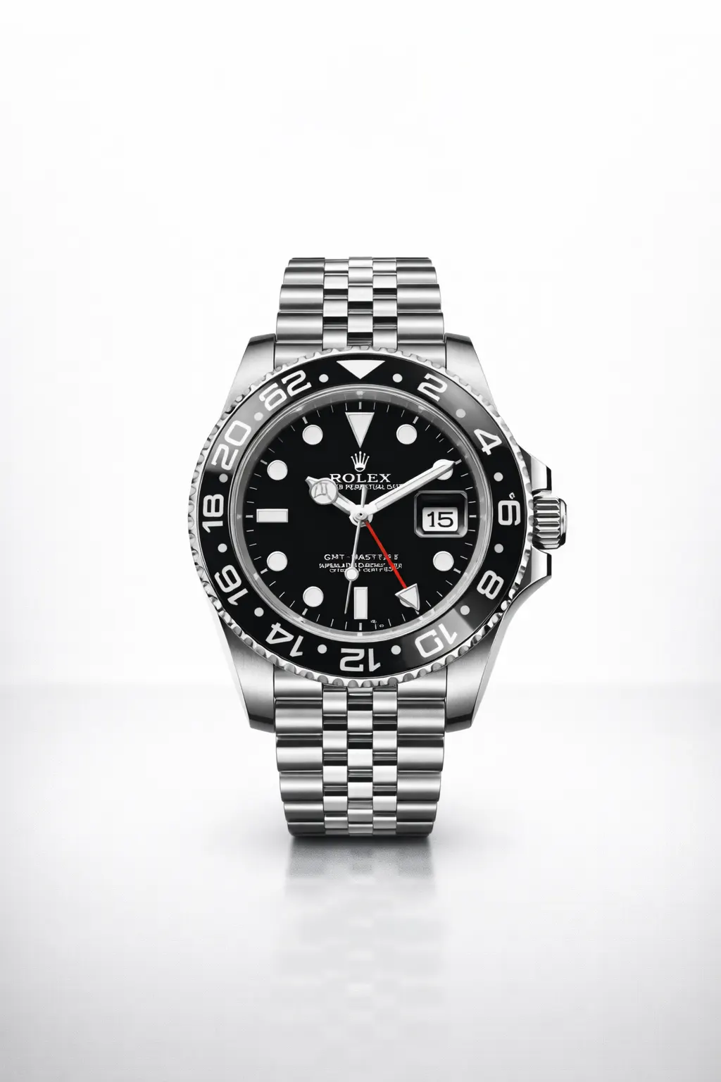 Rolex GMT-Master II luxury watch featuring a black ceramic bezel, Jubilee bracelet, and signature red GMT hand - H-A Store Collection.