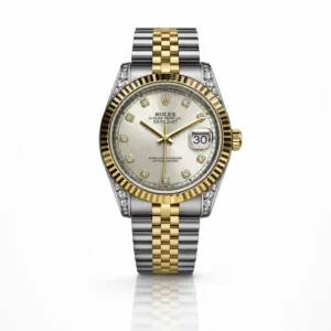 Rolex Date-just two-tone luxury watch with diamond dial, fluted gold bezel, and Jubilee bracelet - H-A Store Collection.