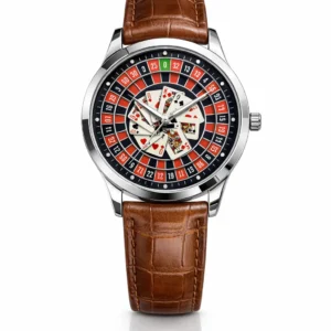 Luxury Casino Edition watch featuring a roulette wheel dial, poker cards center design, and brown leather strap - H-A Store Exclusive Collection.