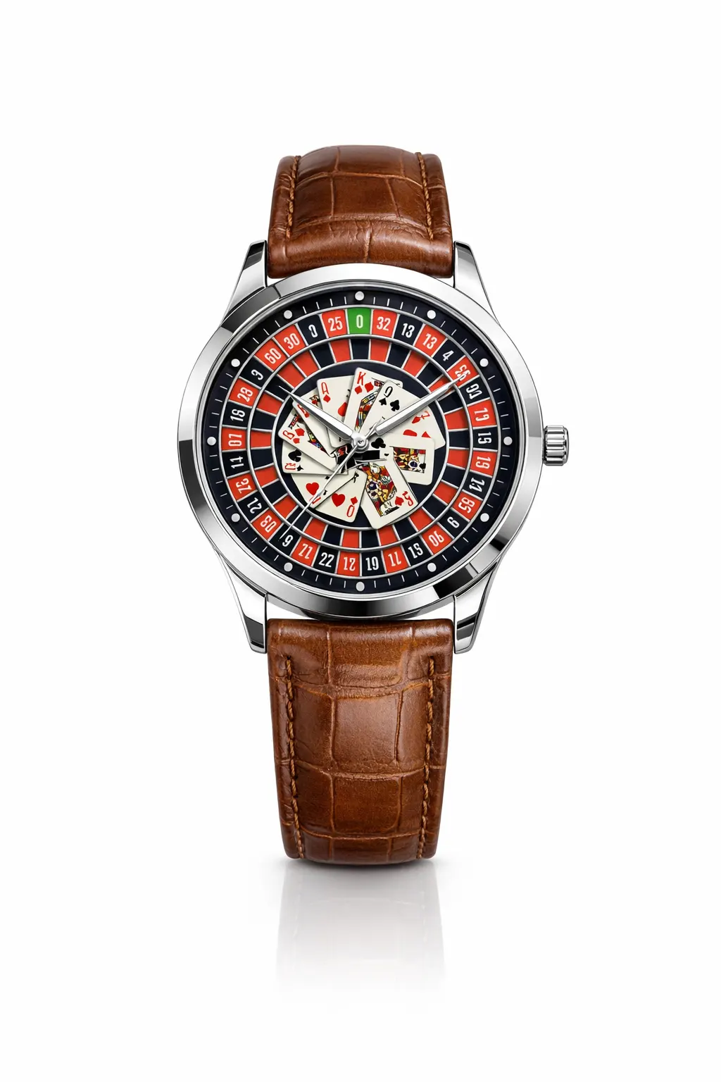 Luxury Casino Edition watch featuring a roulette wheel dial, poker cards center design, and brown leather strap - H-A Store Exclusive Collection.