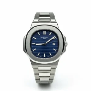 Luxury Patek Philippe Nautilus style watch with deep blue embossed dial and stainless steel integrated bracelet - H-A Store Premium Collection.