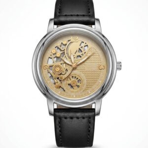 High-resolution product photo of a round silver watch, intricate gold skeletonized dial with visible gear mechanism, multi-functional chronograph subdials, bold gold Arabic numerals at 12 and 3, premium black stitched leather strap, luxury men's mechanical style timepiece - H-A Store.