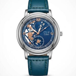 Luxury skeleton dial watch with exposed rose gold gears and a premium teal blue leather strap - H-A Store
