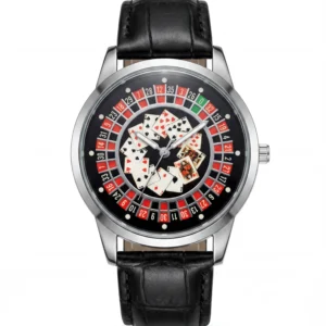 Luxury watch featuring a functional roulette wheel dial and playing cards design with a black leather strap - H-A Store.