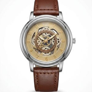 Detailed product photo of a round silver watch, gold skeletonized dial with visible gear mechanism, rose gold hour markers and hands, premium brown stitched leather strap, luxury men's mechanical style watch - H-A Store.