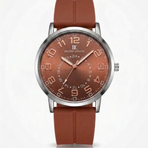 Decent Choice men's watch, sunray copper dial, silver round case, rose gold numerals, rust brown silicone strap, men's luxury casual watch - H-A Store.