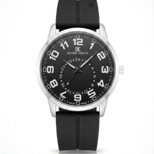 High-quality shot of a Decent Choice men's watch, polished silver-toned round case, deep black dial with bold white Arabic numerals, luminous white hands, central 24-hour inner ring detail, durable black silicone rubber strap, classic sporty dress watch - H-A Store.