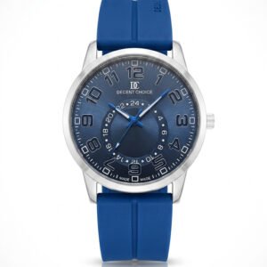 Professional product shot of a Decent Choice men's watch, deep blue dial with bold silver Arabic numerals, polished silver-toned round case, dual-time 24-hour sub-dial, vibrant blue silicone rubber strap, classic sporty dress watch - H-A Store.