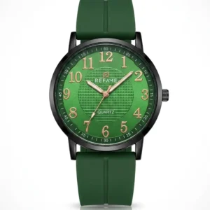 Professional e-commerce photograph of a REFAME green dial watch with gold numerals, black case, and green silicone strap on a white background - H-A Store.