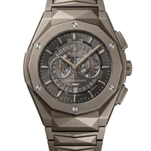 Luxury Hublot Sang Bleu chronograph watch with geometric skeleton dial and faceted titanium silver strap - H-A Store.