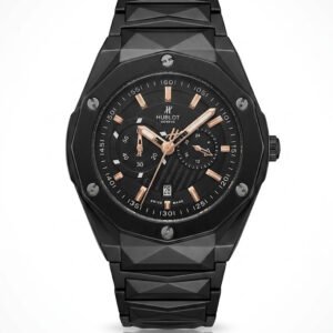 Luxury Hublot Sang Bleu black watch, geometric faceted bezel, chronograph skeleton dial, matte black stainless steel bracelet, premium men's designer timepiece - H-A Store.