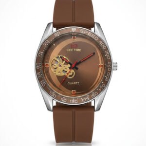 Professional product shot of a Life Time men's watch, unique copper sunray dial, gold skeleton mechanism window, polished silver round case, tachymeter bezel with numbers, premium rust brown silicone rubber strap, luminous hour and minute hands, red second hand, casual dress watch - H-A Store.