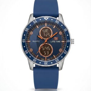 Life Time men's analog watch, deep blue dial with rose gold accents, dual digital-style sub-dials, rotating blue dive bezel with silver markings, polished silver case, smooth cobalt blue silicone strap, sporty luxury timepiece - H-A Store.