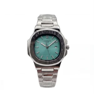 Patek Philippe Nautilus silver stainless steel watch with a Tiffany Blue embossed dial - H-A Store.
