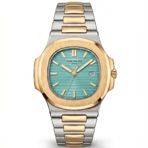 Patek Philippe Nautilus two-tone luxury watch with Tiffany Blue dial and gold-silver stainless steel strap.