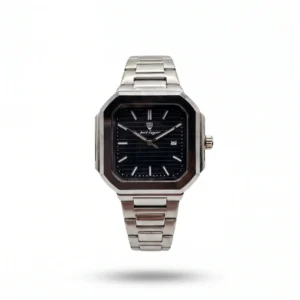 Poedagar luxury square watch with a horizontal embossed black dial and silver stainless steel bracelet - H-A Store