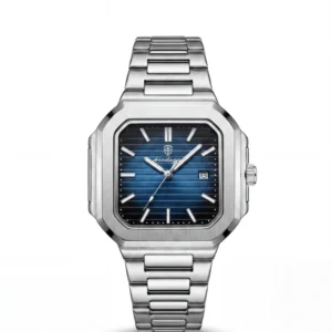 Poedagar luxury square watch with a deep blue sunray dial and silver stainless steel strap - H-A Store.