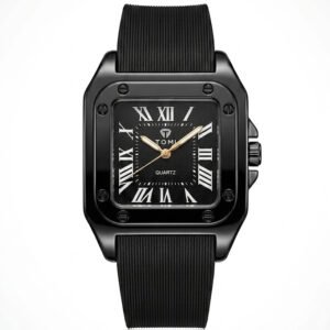 Professional e-commerce product shot of a TOMI square black watch with white Roman numerals and a black silicone strap on a white background - H-A Store.