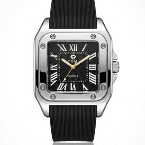 Professional e-commerce product shot of a TOMI silver stainless steel square watch with a black dial, white Roman numerals, and a black silicone strap - H-A Store.