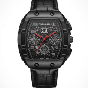Detailed close-up image of a Tubular skeleton automatic watch, matte black tonneau-shaped case, intricate open-heart dial, vibrant red minute and hour hands, large digital date display at 12 o'clock, black alligator leather strap with red stitching, designer men's luxury timepiece - H-A Store.