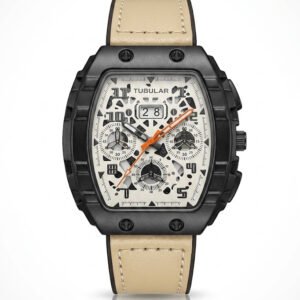 High-quality image of a Tubular skeleton chronograph watch, matte black tonneau case, intricate open-heart movement dial with orange hands, premium beige stitched leather strap, designer men's luxury timepiece - H-A Store