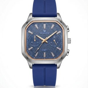 Universe Point square blue watch, stainless steel case with rose gold bezel, textured cobalt blue dial, premium blue silicone strap, luxury men's chronograph watch, affordable designer timepiece - H-A Store.