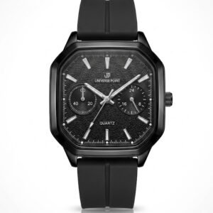 Professional e-commerce shot of Universe Point black square watch, matte black case with textured lava dial, silver markers, premium black silicone strap, men's luxury fashion chronograph - H-A Store.