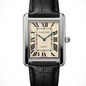 High-resolution product image of a vintage-style rectangular tank watch, polished silver-toned case, detailed creamy ivory guilloché dial, bold black Roman numerals, blued steel hands, black alligator leather texture strap, classic men's dress watch - H-A Store.