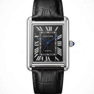 Professional e-commerce shot of Cartier Tank inspired watch, silver rectangular case, textured black dial with silver Roman numerals, blue sword hands, black alligator leather strap, luxury men's dress watch - H-A Store.