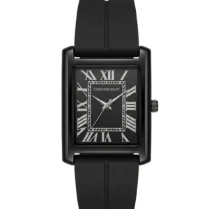 Universe Point black rectangular watch with black dial, white Roman numerals, and black silicone strap