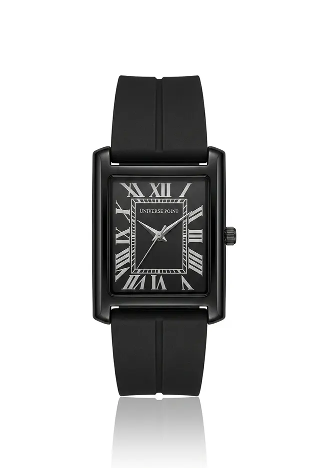 Universe Point black rectangular watch with black dial, white Roman numerals, and black silicone strap
