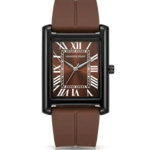 Universe Point brown rectangular watch with brown dial, white Roman numerals, and brown silicone strap with magnetic lock