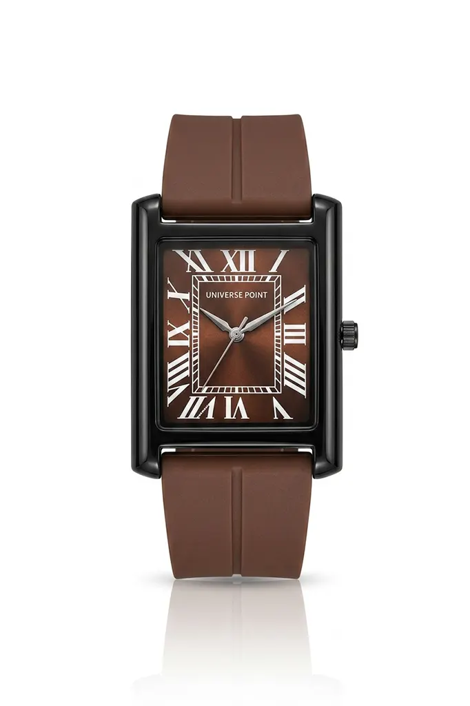 Universe Point brown rectangular watch with brown dial, white Roman numerals, and brown silicone strap with magnetic lock